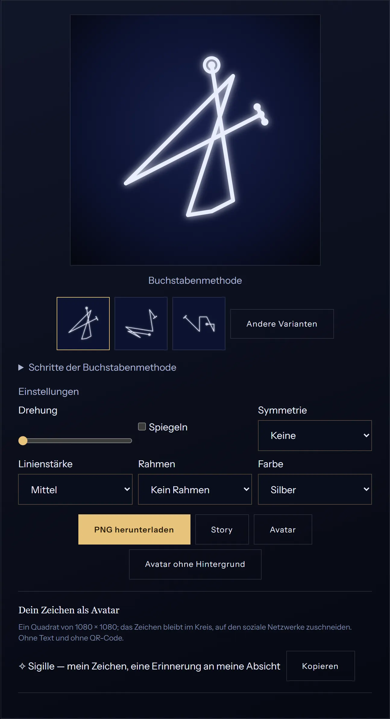 Der Sigillen-Generator: eine Intention als Zeichen im Nachthimmel-Stil, mit den Schritten der Buchstabenmethode