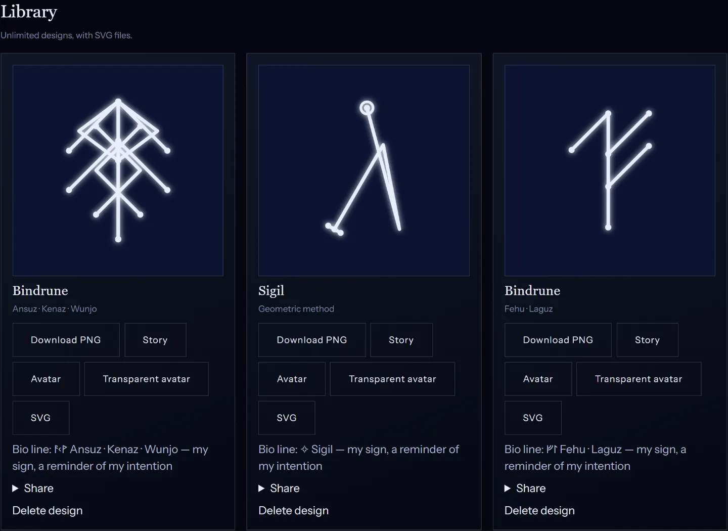 The symbol library: saved sigils and bindrunes visible only to their author, ready to download and share