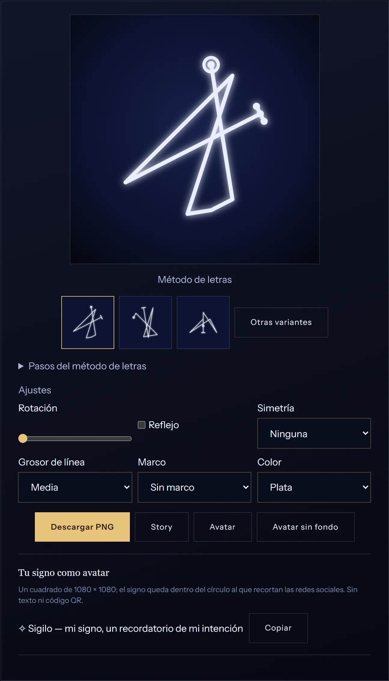 El generador de sigilos: una intención convertida en un signo de cielo nocturno, con los pasos del método de letras
