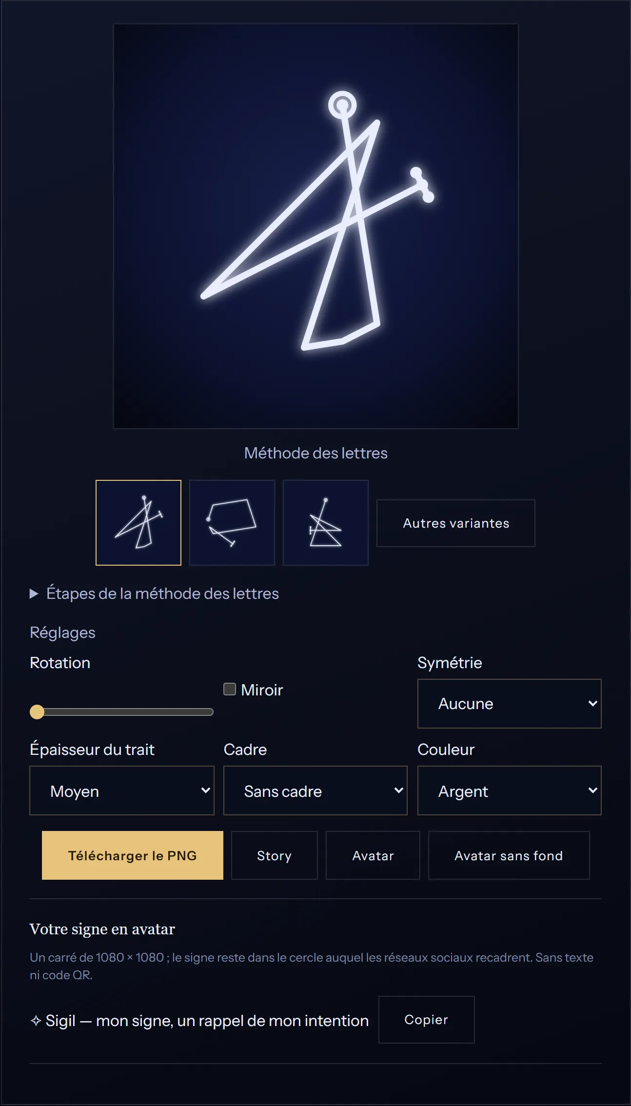 Le générateur de sigils : une intention transformée en signe de ciel nocturne, avec les étapes de la méthode des lettres
