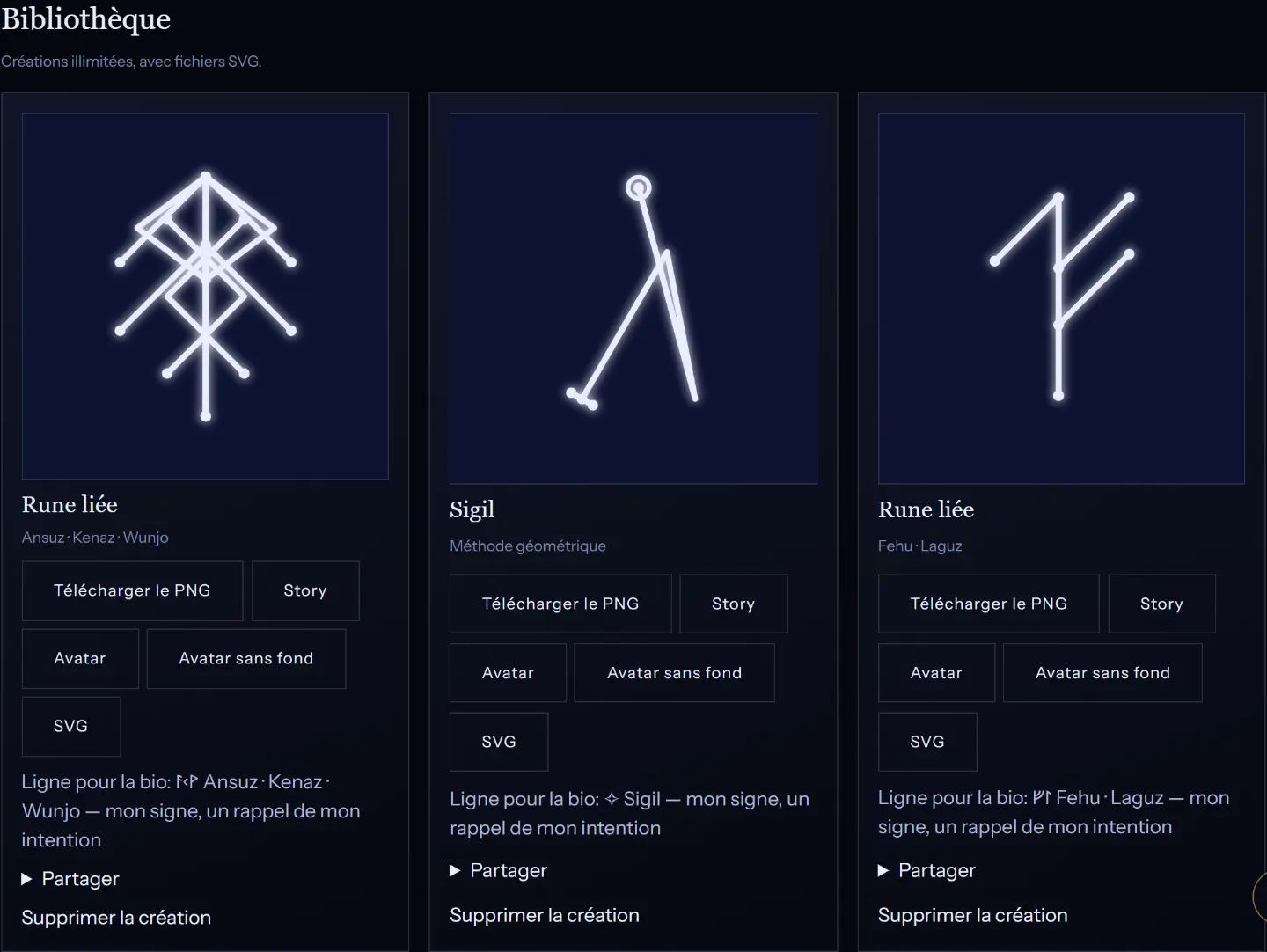 La bibliothèque de symboles : sigils et runes liées enregistrés, visibles par leur seul auteur, à télécharger et partager