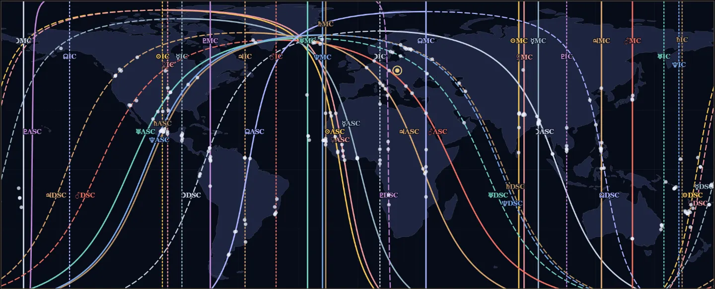 Astrocartografie: waar op aarde elke planeet bij de geboorte op een as stond