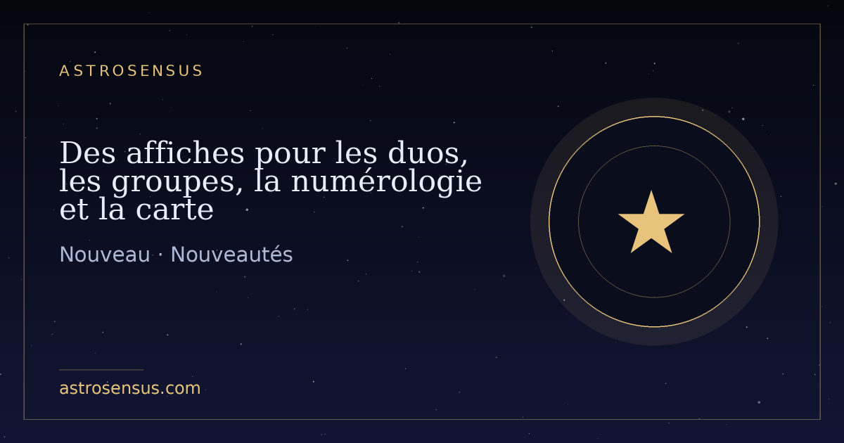 Couverture de l’entrée : Des affiches pour les duos, les groupes, la numérologie et la carte d’astrocartographie